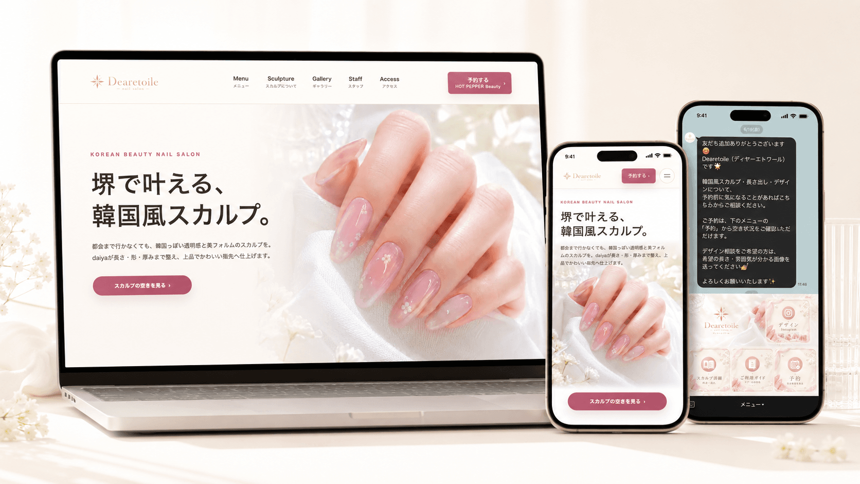 Dearetoileの公式HP・スマホ画面・LINE導線をまとめた構築実績ビジュアル
